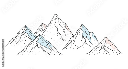 Artistic hand-drawn illustration of multiple mountain peaks with blue and pink shading and stippled texture details.