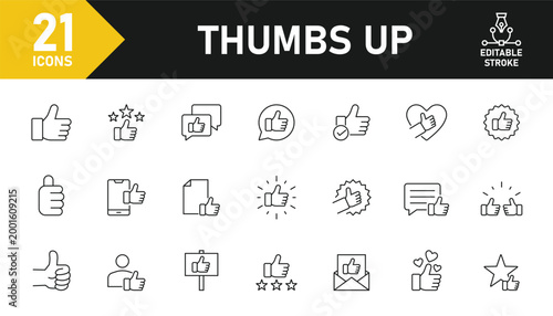 Thumbs up line icon set. Set of 21 outline icons related to thumbs up, like, hand gesture, positive feedback and others. Editable stroke. Vector illustration.