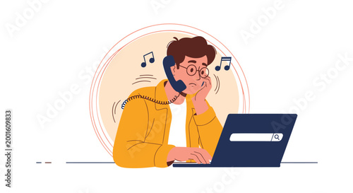 Young adult, man, phone call, laptop, music notes, vector illustration