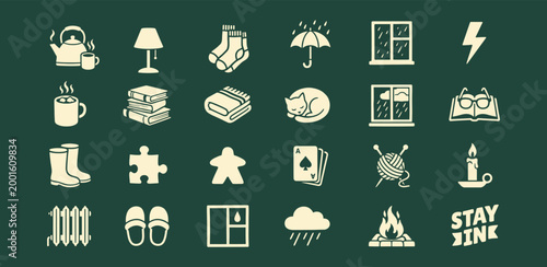 Cozy Indoor Activities Flat Icon Set Representing Rainy Day Comfort and Wellness