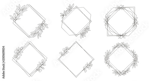 Decorative collection of six diamond-shaped geometric frames adorned with delicate leafy foliage line art.