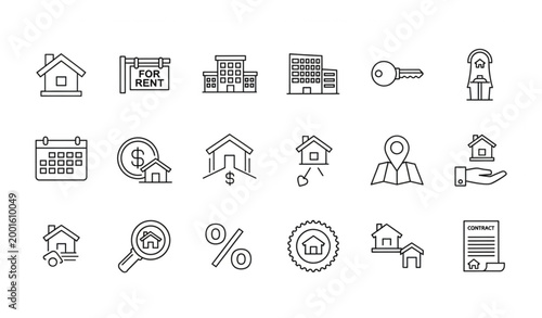 modern editable vector icon set of rental estate and real estate elements drawn in clean thin line style on a solid white background. The collection includes property types such as house, apartment, v