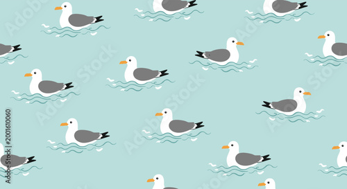 Seamless pattern of seagulls floating on light blue water with gentle waves, creating a repeating coastal-themed background for summer designs.