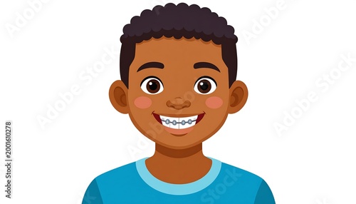 Smiling young boy with dark curly hair and dental braces