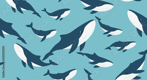 Playful pattern of dark blue whales swimming across a light blue sea, creating a charming aquatic-themed repeat background for ocean lovers.