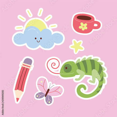 Kawaii sticker set with chameleon, cloud, pencil and mug