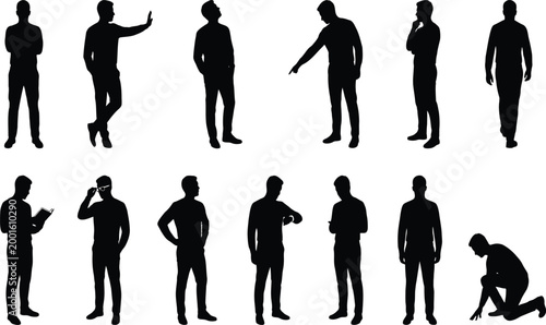 Various male silhouettes showing gestures reading and pointing on transparent background.