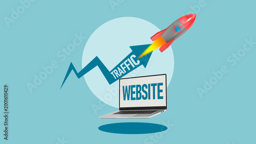 Website traffic growth concept with rocket launch from laptop and rising arrow, digital marketing, SEO analytics, online business success and performance increase