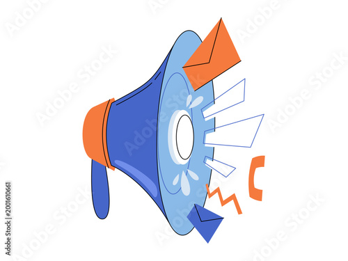 Blue megaphone with mail and phone handset vector illustration. Digital marketing, brand awareness, public relations, email outreach, customer support, social media. Bullhorn broadcasting messages