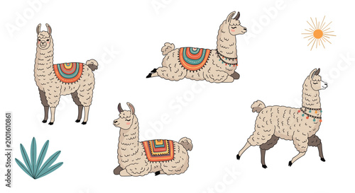 Set of four cute llamas in different poses like standing, walking, and sitting, adorned with colorful traditional blankets and accessories.