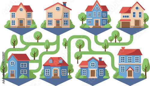 Colorful Suburban Neighborhood Map with Connected Houses and Trees for Real Estate, Community, and Urban Planning Concept Designs