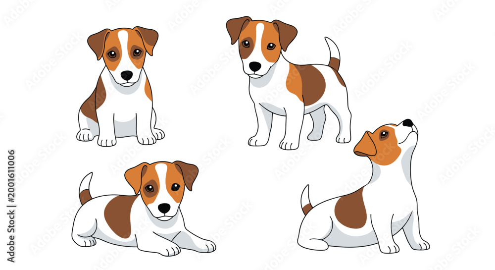 Obraz premium Group of four jack russell terrier puppies in different playful poses like sitting, standing, and lying down, shown in a clean vector style.