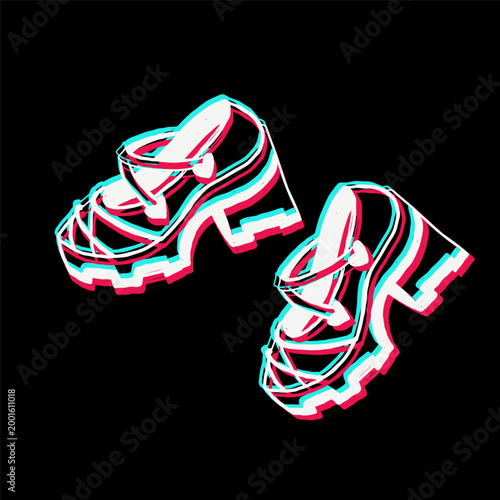 Mary Jane shoes vector illustration with glitch effect. Trendy chunky footwear on black background with neon chromatic aberration. Modern edgy aesthetic for streetwear apparel and digital graphic desi