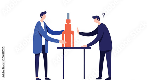 Businessmen, discussion, question mark, flat design, vector illustration, office concept, teamwork, communication