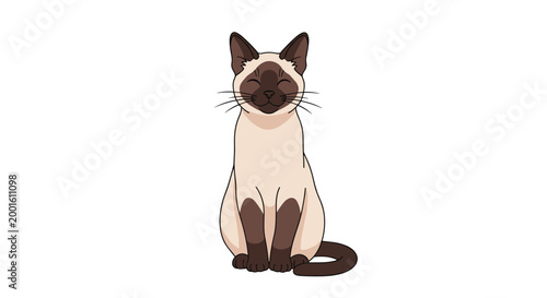 Graceful Siamese cat sits calmly with its eyes closed, displaying signature dark point markings on its ears, face, and paws against white.