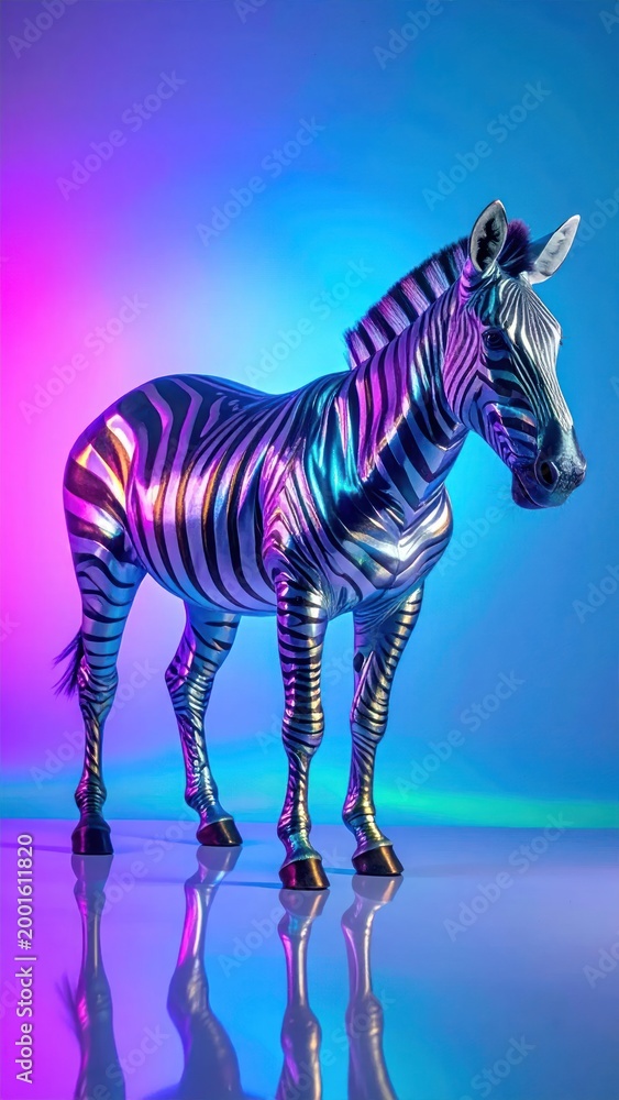 Fototapeta premium Shiny zebra statue with reflective chrome stripes on a colorful, gradient background