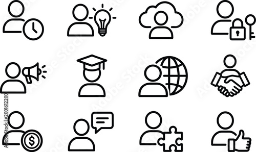 Collection of business icons representing time, idea, cloud storage, security, communication, education, global network, teamwork, money, chat, puzzle, and approval.