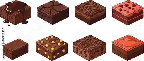 Set of delicious chocolate and red velvet brownie squares with various toppings including sauce nuts and swirl isolated on white background cartoon vector illustration