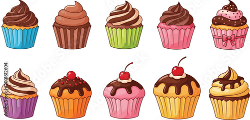 Set of delicious colorful cupcakes with chocolate cream frosting cherry and sprinkles toppings in various designs isolated on white background cartoon vector illustration