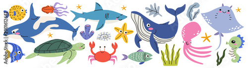Photography Set of cute cartoon sea animals and underwater life