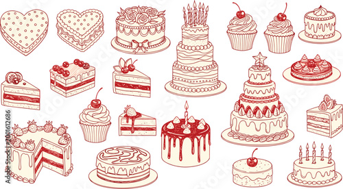 Set of hand drawn red outline sketch cakes and desserts including birthday wedding cupcake and heart shaped isolated on white background vector illustration