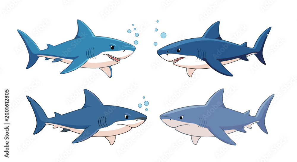 Fototapeta premium Illustration of four blue sharks swimming in pairs facing each other with bubbles rising between them in a playful marine scene.