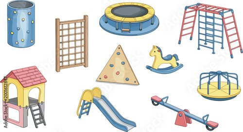 Kids Playground Equipment Set with Slide, Swing, Trampoline, Seesaw, and Climbing Frame for Children, Park, and Play Area Designs