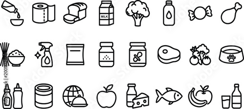 Various supermarket food products and kitchen icons set featuring cooking ingredients grocery items and daily supplies.