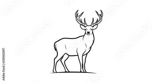 Majestic stag with large antlers stands proudly in a minimalist line art illustration, capturing the essence of forest wildlife.