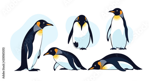 Collection of Emperor penguins is shown in various poses like standing, walking, and sliding, using a limited blue and yellow palette.