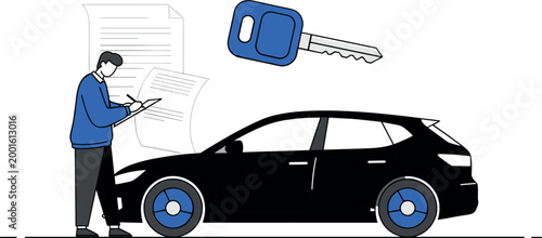 Man Signing Car Purchase Document with Vehicle Key for Auto Dealership, Insurance, Ownership, and Transportation Concept Designs