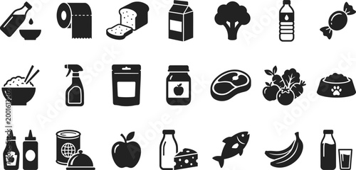 Grocery food icons set with essential supermarket products bread milk broccoli water candy and meat flat vector design.