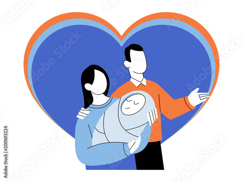 Couple holding a wrapped baby against a heart vector illustration. Parenthood, child care, family planning, life insurance, maternity, birth. Parents embracing their newborn infant