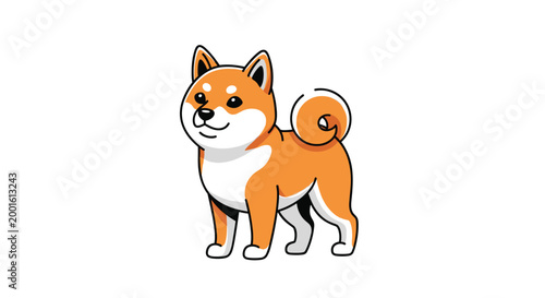 Cute chibi-style Shiba Inu dog stands with a happy expression and a curly tail, featured in a charming and colorful character illustration.
