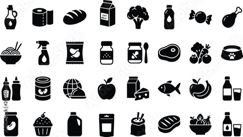 Supermarket product icons collection featuring oat milk snacks condiments fresh produce and household cleaning supplies.