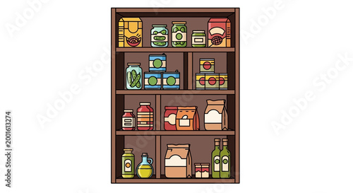Pantry shelves stocked with jars, cans, and boxes of food items.