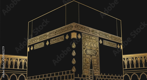 Islamic Kaaba Shrine, Mecca, Gold Ornamentation on Black Background