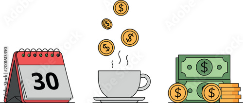 Monthly Salary Day Concept with Calendar, Coffee Cup, and Dollar Bills and Coins for Finance, Income, and Payment Designs