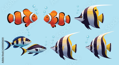 Colorful underwater illustration featuring a group of tropical fish including clownfish and moorish idols swimming among bubbles.