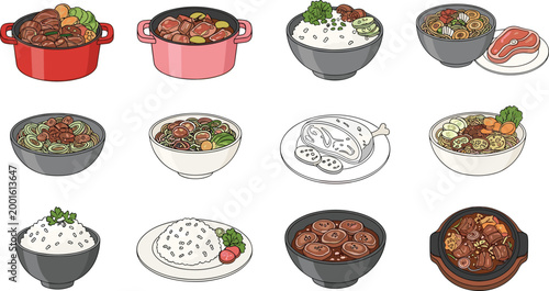 Set of various asian rice and noodle dishes served in bowls and pots including soup stew and hotpot isolated on white background vector illustration