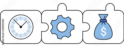 Puzzle pieces with clock gear and money bag vector illustration. Productivity, financial strategy, business workflow, efficiency, timing, success. Jigsaw parts linking watch cog cash sack