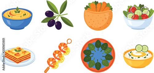 Set of mediterranean food including hummus salad pita olive lasagna shrimp skewer and tzatziki isolated on white background flat style vector illustration