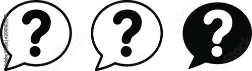 Question mark speech bubble icon set, minimalist vector icons of question marks inside chat bubbles isolated on white background for help desk and UI design.