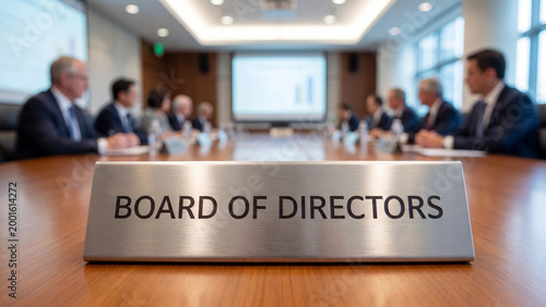 Board of directors nameplate at formal corporate boardroom meeting table with executives reviewing financial performance presentations for organizational governance and strategic decision making