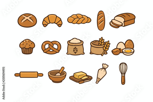 Set of Bakery and Baking Ingredients Vector Icons in Flat Line Art Style