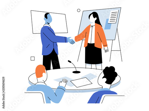 Business partners shaking hands in a meeting room vector illustration. Partnership, corporate agreement, successful deal, collaboration, networking, office meeting. Professionals greeting each other