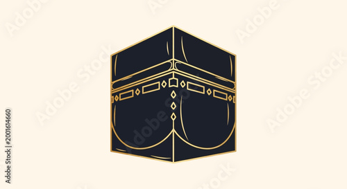 Kaaba illustration with gold trim on beige background, Islamic symbol