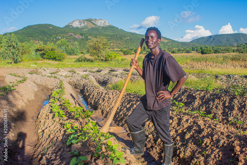 Canvastavla Young farmer pauses with hoe in tilled field under blue sky, Mzimba, Malawi