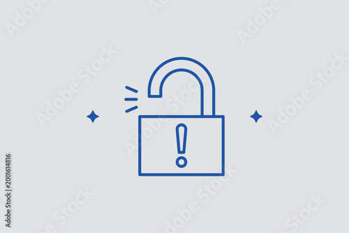 Open padlock alert line icon for identifying security breaches and unlocked access points. Security vector illustration for privacy setting menus and smart home lock monitoring apps.