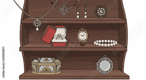 Assortment of vintage jewelry and accessories displayed on wooden shelves